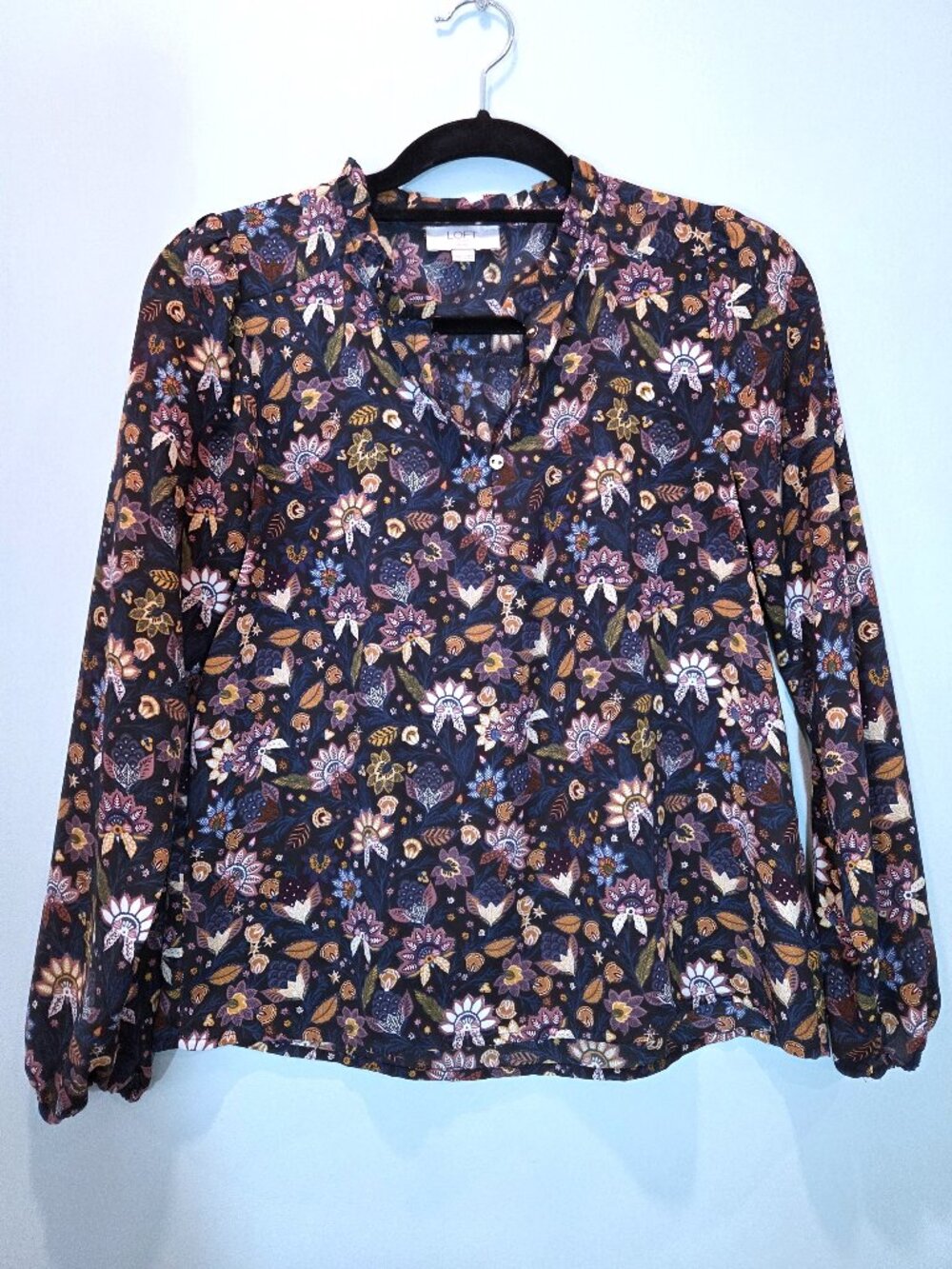 NWOT Ann Taylor LOFT Outlet Blue & Copper Floral Long Sleeve Blouse Size XSP